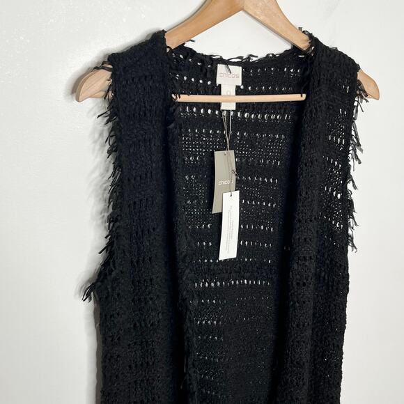 Chicos Womens Fringe Francine Vest Small Black Open Front Boho Layering Knit - Picture 5 of 12